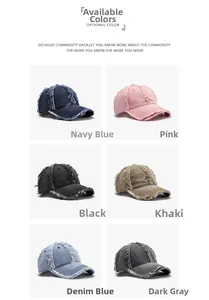 Macro shot showing six distressed baseball caps in various colors with frayed edge details