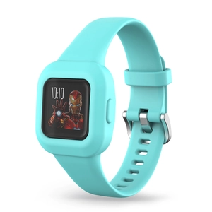 Detail von hellblauem Silikonarmband für Garmin vivofit jr3 mit Iron Man Bildschirmmuster