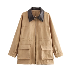 Contrast collar faux suede long jacket with pockets in khaki and brown finish