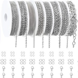 Detail of silver stainless steel jewelry chain set with lobster clasps and jump rings