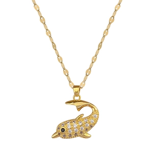 Elegant gold titanium dolphin necklace with full crystal pavé and black gemstone eye detail
