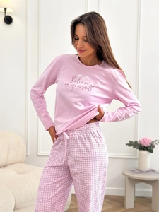 Women Pajama Top And Plaid Pants Pink Long Sleeve Round Neck Cotton Blend Heart Print Letter Sleepwear Casual