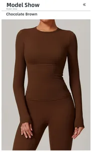 Chocolate brown yoga set featuring high-stretch fabric and functional thumbhole cuffs