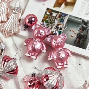 Pink and silver festive Christmas ornaments set featuring faceted bear and glitter ball pendants