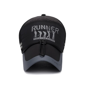 Outdoor breathable sun hat with wide brim, runner text and adjustable drawstring for fishing