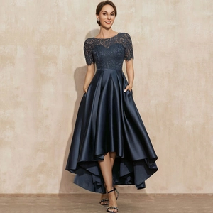 Navy Blue Evening Gown Lace Satin Round Neck Short Sleeve High-Low Hem Party Dress With Pockets For Women Formal