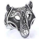 Detailed close-up of retro silver viking wolf ring with intricate celtic totems
