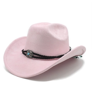 Detail of pink faux suede cowboy hat featuring a black braided band and turquoise buckle