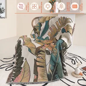 Cotton Woven Throw Blanket Tropical Leaf Jacquard Fringe Tassel Sofa Bed Office Camping Nordic Boho Tapestry