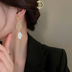 Vintage gold Anagram earrings with long Baroque pearls for women in elegant Chinese style