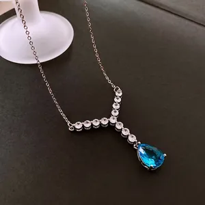 Blue Waterdrop Zircon Pendant Necklace Copper Luxury V Shaped Zirconia Jewelry For Women Elegant Minimalist Accessories