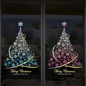 Christmas tree window stickers with snowflakes and Merry Christmas text in blue and pink