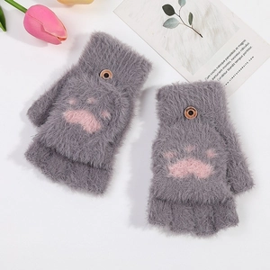 Gray faux mink half-finger gloves with pink cat paw prints and convertible mitten cover