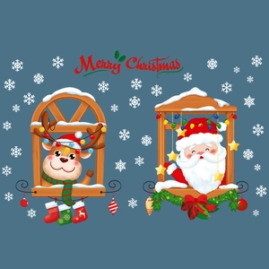 Cute cartoon Santa and Reindeer window decals with Merry Christmas text and snowflakes