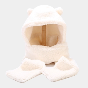 Detailed close-up of cream fleece 3-in-1 hooded scarf with cute bear ears and gloves