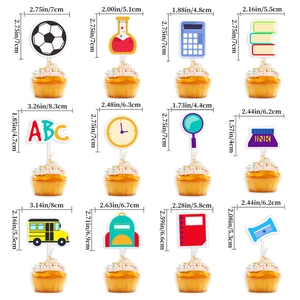 School party cupcake toppers set with pencil, ruler and bus designs for students