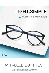 Close-up of black cat-eye anti-blue light glasses with E2360 size details shown