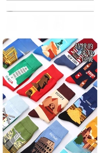 Detailed close-up of mid-calf socks featuring colorful city landmark knit patterns