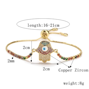 Technical size guide for adjustable Fatima hand bracelet with zircon details and measurements