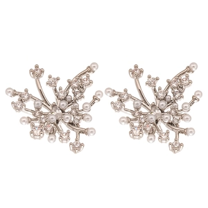 Elegant floral zircon and pearl stud earrings with a radiant silver metallic finish