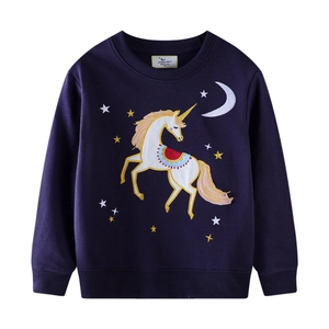 Girls Long Sleeve Cotton Sweatshirt Pullover Cartoon Unicorn Embroidery Crew Neck Casual Top For Toddlers Kids