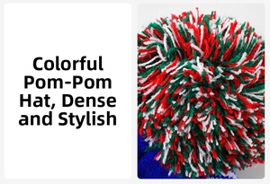 Close-up of colorful pom pom on winter knit hat, warm and fluffy festival beanie detail.