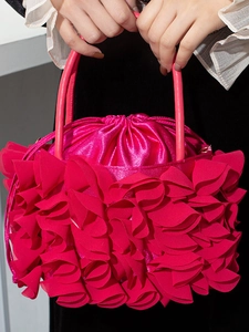 Elegant Evening Handbag With Chiffon Petal Ruffles Faux Satin Drawstring Bucket Bag Metal Chain Shoulder Strap For Party Banquet Wedding Women