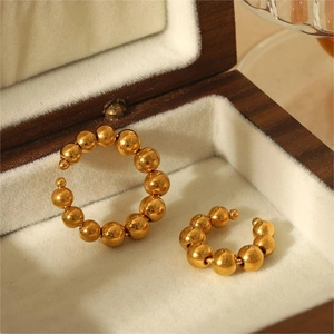 Boucles D'oreilles Créoles Et Bague Chaîne À Billes Or 18K Plqué Acier Inoxydable Bijoux Géométriques Femmes