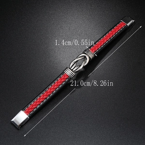 Men's black and red woven leather bracelet with silver magnetic clasp 21cm long