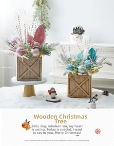Close-up of mini Christmas trees with warm LED lights in rustic wooden planter boxes