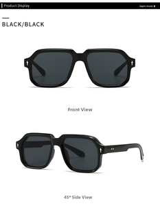 Front and side view of black thick frame sunglasses with golden arrow rivets on corners
