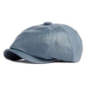 Vintage graublaue Schirmmütze aus PU-Leder für Damen und Herren im klassischen 8-Panel-Design