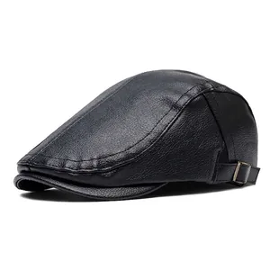 Men's black faux leather flat cap with vintage metal buckle and classic stitch detail