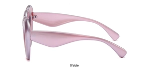 Detailed side view showing the thickness and curvature of pink heart-shaped sunglasses