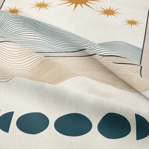 Detail of bohemian wall tapestry showing abstract sun wave patterns and fabric texture