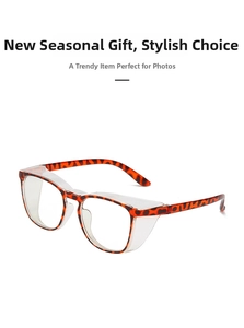 Detail of leopard print safety glasses with transparent side shields for pollen protection