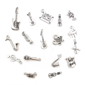15-piece silver alloy music charms set featuring guitar, violin, and microphone pendants