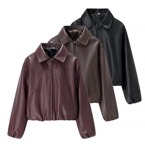 Women's loose faux leather jacket in burgundy, brown and black with lapel and zipper