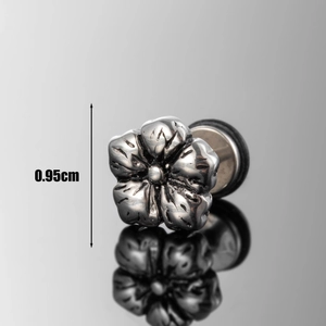 Vintage stainless steel five-petal flower stud earring with textured metal surface