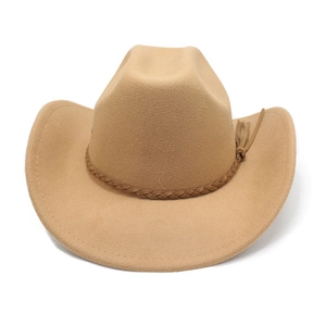 Detail of khaki western cowboy hat showing felt texture and woven leather band with fringe