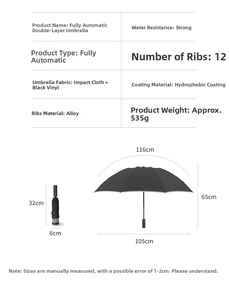 Detailed size chart for 12-rib automatic double-layer windproof business umbrella