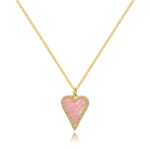 Golden heart pendant necklace with pink mosaic center and clear zircon stones on white background
