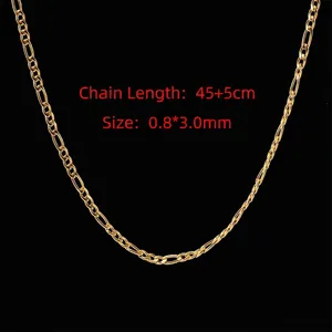 Detail of golden Figaro chain necklace showing size specs 0.8x3.0mm and 45+5cm length