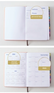 Detailed interior pages of the 18-month pink planner featuring 2026-2027 calendars