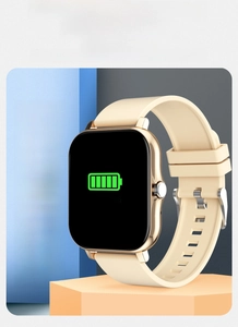 Detail view of gold smart watch showing 220mAh battery life and 5-day usage specs