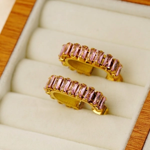 U-shaped 18K gold-plated stainless steel earrings with pink zircon stone inlay