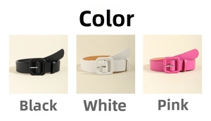 Women's wide belts in black, white, and pink with matching square buckles for dresses