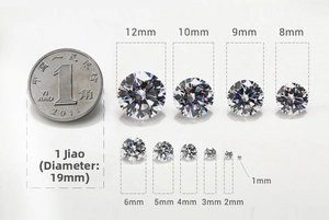 Detailed size comparison of 1mm to 12mm white cubic zirconia stones with a reference coin