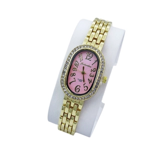 Women's gold quartz watch with pink wavy dial and diamond-encrusted oval bezel