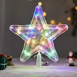 Macro shot of a glowing colorful LED star tree topper with transparent finish and base